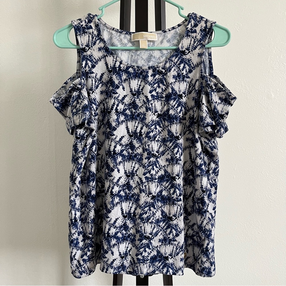 Michael Kors Cold Shoulder Top - Blue & White Shibori Tie Dye - Size Large